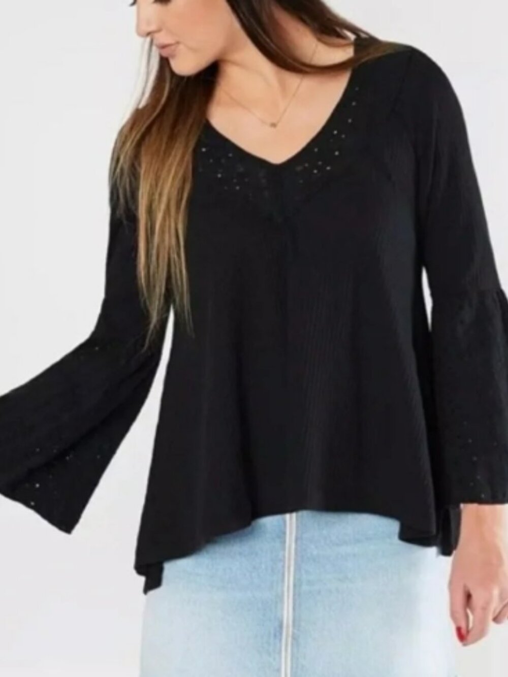 NWT Free People Parisian Nights Top Sz S Black Eyelet Neck Bell Slv